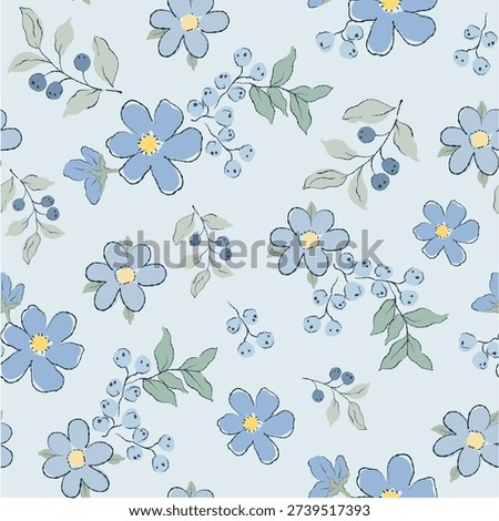 Blue Floral Seamless Pattern with Berries and Leaves Soft Pastel Background, Soft blue floral seamless pattern featuring hand drawn flowers, berries, and leaves in pastel tones. Perfect for baby fabric, nursery textile, wallpaper, wrapping paper, kids fashion, and surface pattern design. Clean outline style with modern minimal aesthetic. High quality seamless repeat suitable for digital and print projects.