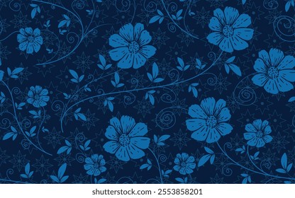 Blue floral seamless pattern flowers ornamental decorative luxurious vector texture creative retro style design