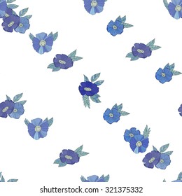 Blue Floral Seamless Pattern. Hand Drawn Flowers on White Background. Wildflowers Sketchy Illustration Print. Wrapping or Digital Paper. Good for textile design.
