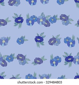 Blue Floral Seamless Pattern. Hand Drawn Flowers on Violet Background. Wildflowers Sketchy Illustration Print. Wrapping or Digital Paper. Good for textile design.