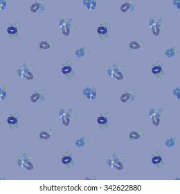 Blue Floral Seamless Pattern. Hand Drawn Flowers on Violet Background.
