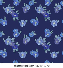 Blue Floral Seamless Pattern. Hand Drawn Flowers on Dark Background. Wildflowers Sketchy Illustration.