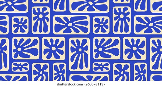 Blue floral seamless pattern illustration. Vintage style flower frame background design. Geometric natural wallpaper print, spring season nature backdrop texture with flowers.