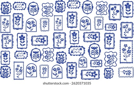 Blue floral seamless pattern illustration. Vintage style flower frame background design. Geometric natural wallpaper print, spring season nature backdrop texture with flowers.