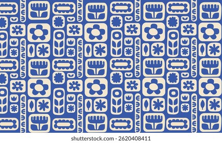 Ilustración de patrón transparente floral azul. Diseño de fondo de marco de flores de estilo Antiguas. Estampado geométrico de Fondo de pantalla natural, textura de telón de fondo de la naturaleza de la temporada de primavera con flores.