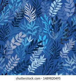 Blue floral seamless pattern with leaves. Seamless pattern can be used for wallpaper, pattern fills, web page background, surface textures