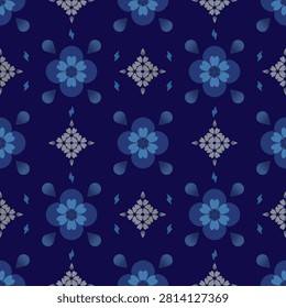 Blue floral seamless pattern, modern geometric botanical textile design, traditional geometric ethnic fabric pattern, scandinavian design, motif fabric, sarong, folk, boho, scarf, dupatta
