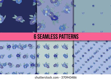 Blue Floral Seamless Pattern set. Hand Drawn Flowers on Dark Background. Wildflowers Sketchy Illustration.
