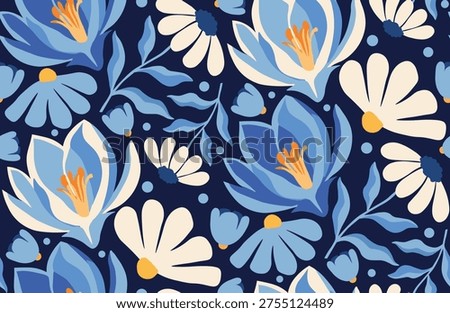 Blue Floral Seamless Pattern Vector – Elegant Botanical Flowers Background