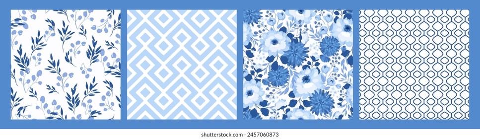 Blue floral seamless patterns. Vector design for paper, cover, fabric, interior decor and other uses
