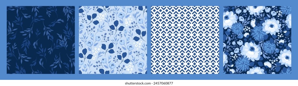 Blue floral seamless patterns. Vector design for paper, cover, fabric, interior decor and other uses