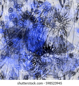 Blue floral seamless texture with watercolor effect. Abstract vector background for fabric, boho design, wrapping.