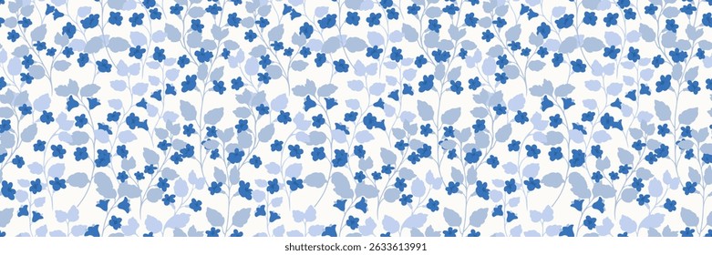 Blue floral seamless vector pattern with tiny flowers and small leaves on a white background. Bold and elegant, ideas for fashion, fabric design, packaging, digital prints