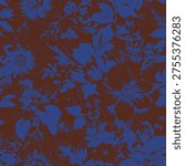 Blue floral silhouettes, dark reddish background, bold textile pattern