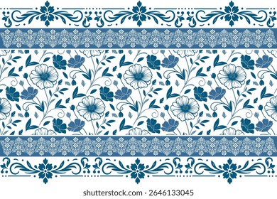 blue floral sketch border with fine line flower art and modern botanical stems for contemporary textile patterns

