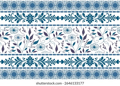 blue floral sketch border with one line artistic elements and soft petal symmetry for trendy fashion design use

