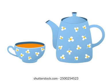 Blaue florale Teekanne und Teetasse Set auf weißem Hintergrund - Modernes Geschirrdesign.