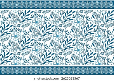 blue floral textile background. seamless one line petals. outline botanical stems. minimal flower design. elegant embroidery sketch. modern fashion art
