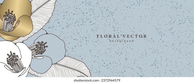 Blue floral texture background with white and gold flowers. Vector background for text, cards, diplomas and presentations.