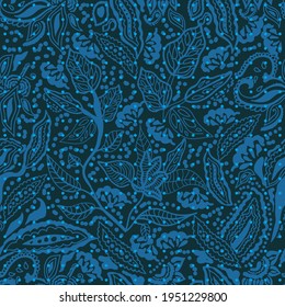 Blue floral texture on dotted background. Seamless vector pattern in repeat. Retro textile design collection