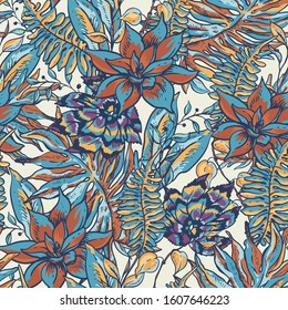 Blue floral tropical natural seamless pattern. Greenery texture, tropical flowers, leaves. Hand drawn vector illustration