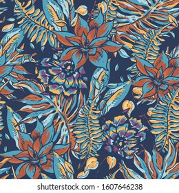 Blue floral tropical natural seamless pattern. Greenery texture, tropical flowers, leaves. Hand drawn vector illustration