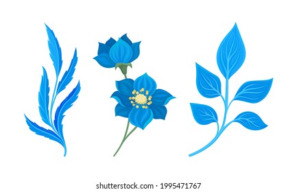 Blauflorale Twigs mit Leaf und Floret auf Stem Vector Set
