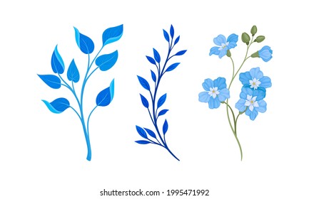 Blue Floral Twigs with Leaf and Floret on Stem Vector Set