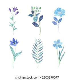 Blue Floral Twigs with Leaf and Floret on Curved Stem as Fresh Garden Botany Vector Set