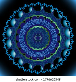 Blauer Blumenvektor 3d mandala Muster. Griechischer Zierstil, moderner Hintergrund. Abstrakte Blume. Griechischer Schlüsselkreis-Rahmen. Ornate luxuriöse dekorative Sjiny-Design. Gleuchtende, gemusterte Kulisse.