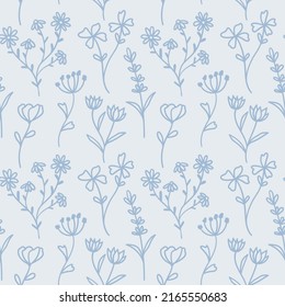 Blue floral vector pattern with hand drawn flower doodles, seamless repeat