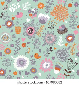 Blue floral vector seamless pattern with birds