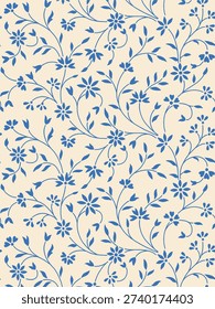 Blue Floral Vine Seamless Pattern on Cream Background – Elegant Vintage Botanical Wallpaper