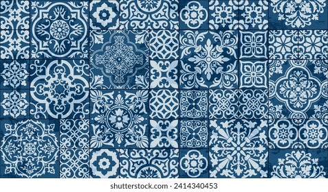 Blue floral vintage ceramic tiles patchwork wallpaper abstract vector seamless pattern for fabric tablecloth pillow shirt carpet grunge effect in separate layer