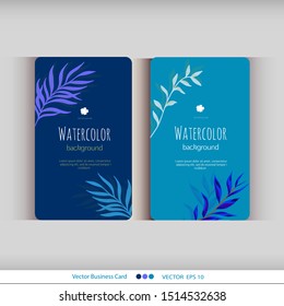 Blue Floral Watercolor Card with leaves. Wedding, romantic collection.Spring or summer design for invitation, wedding or greeting cards. Vector illustration