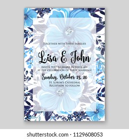 Blue Floral wedding invitation card template Watercolor flowers peony anemone dahlia rose 