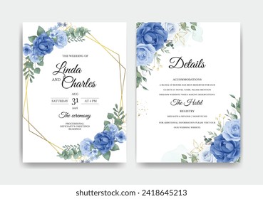 Blue Floral Wedding Invitation Template. Illustrator and designer. Wedding Invites, save the date, Birthday Invites, Video Invites, E-Cards.