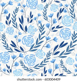 blue Floral wedding seamless pattern with roses and leaves, branches. Design layout template for print.