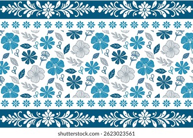 blue floral women textile. seamless hand drawn sketch. elegant line border. one line botanical repeat. clean modern style. floral outline background
