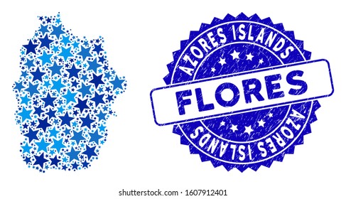 Blue Flores Island of Azores map composition of stars, and textured rounded seal. Abstract geographic scheme in blue color hues. Vector Flores Island of Azores map is organized of blue stars.