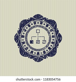 Blue flowchart icon inside distress grunge style stamp