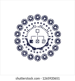 Blue flowchart icon inside distress grunge stamp