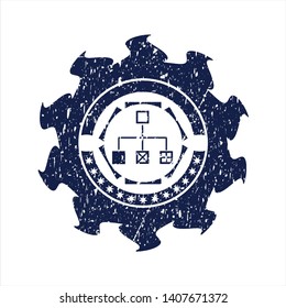 Blue flowchart icon inside distressed grunge style stamp