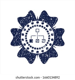 Blue flowchart icon inside distressed rubber grunge seal