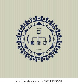 Blue flowchart icon inside distressed grunge style stamp. 