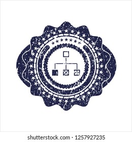 Blue flowchart icon inside rubber stamp with grunge texture