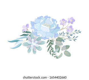 Blue Flower Arrangement with Branches and Lush Twigs Vector Illustration