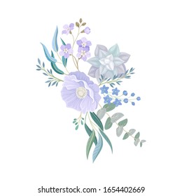Blue Flower Arrangement with Branches and Lush Twigs Vector Illustration