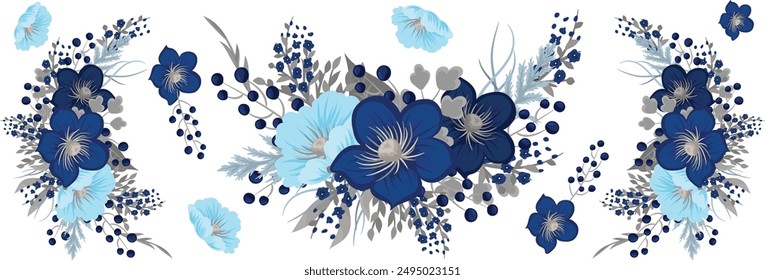 Blue flower arrangement with leaves and flowers on a white background