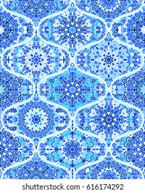 Blue Flower Background. Mandala seamless pattern. Boho round tile. Ogee design elements. Vector illustration for wallpaper print, linen fabric. Ethnic textile graphic. Floral decoration.